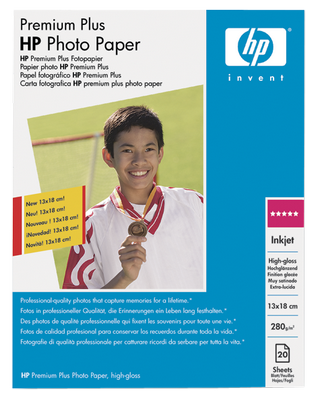 Obrzek - Vysoce leskl fotografick papr HP Premium Plus High-gloss Photo Paper 280 g/m?  13 x 18 cm k tisku bez okraj/20 list