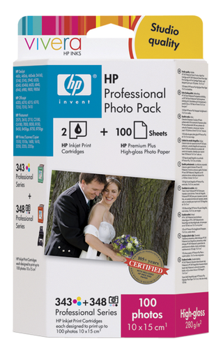 Obrázek - Fotografická sada HP Professional Photo Pack řady 343/348 s inkousty Vivera, 10 x 15 cm, 100 listů